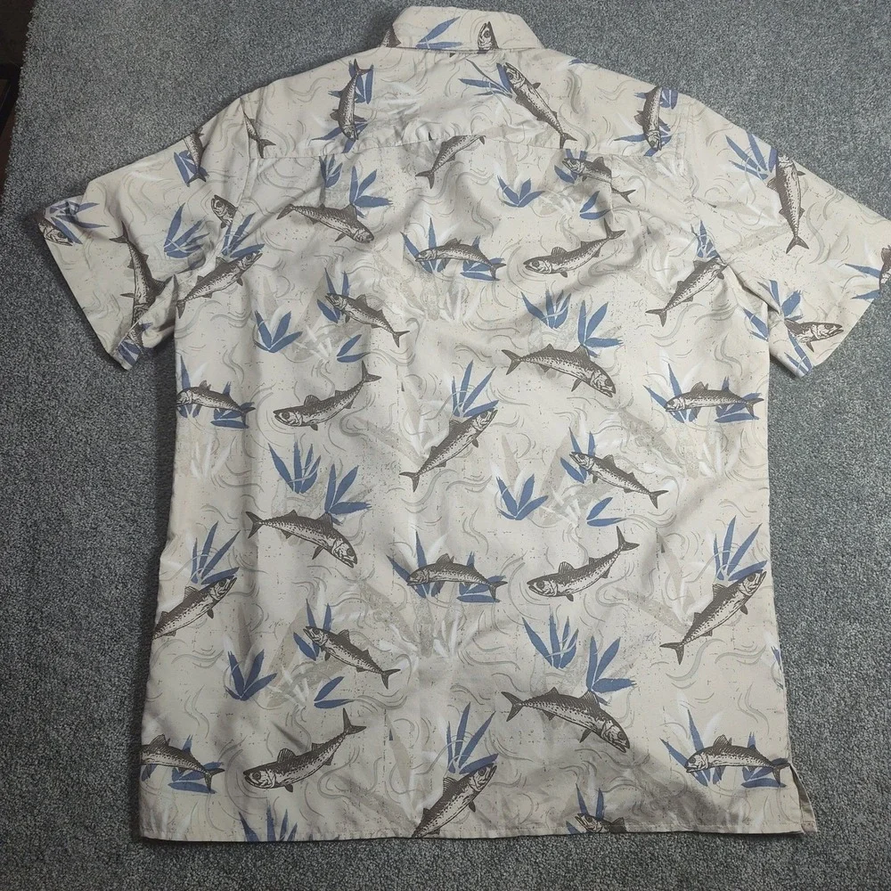 Chaps Shirt Mens M Beige Fish Print Short Sleeve Button  Casual Fishing Outdoor